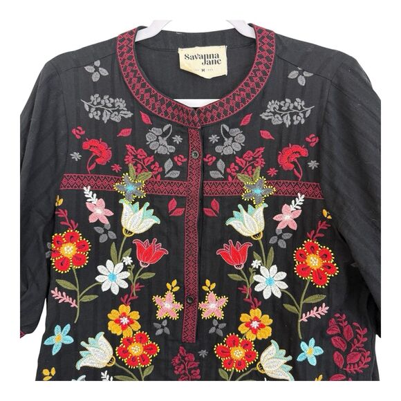 Savanna Jane Embroidered Top Size Medium Beaded Flowers Short Sleeve Cotton - Picture 1 of 12
